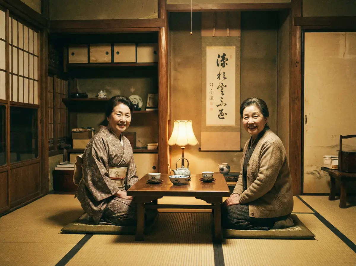 两位优雅的 重口 在日式茶室中品茶交谈